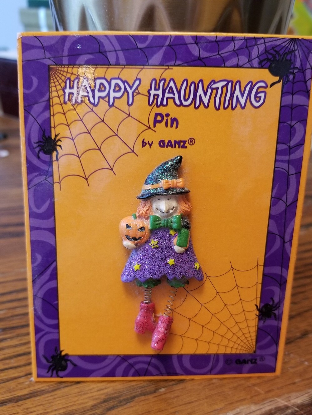 GANZ Purple Witch Pin with Green Bow and Orange Pumpkin. Get Ready for Hallowee